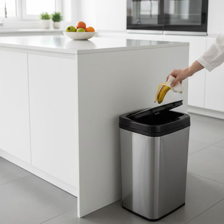 Cos de Gunoi cu Senzor TouchSense Pro, Otel Inoxidabil, 30 Litri, Deschidere Automata cu Senzor de Miscare sau Butoane Touch, Inel Fixare Sac, 33x25x58 cm, Negru/Inox